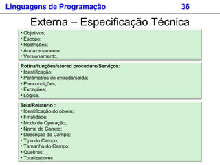 Linguagens de Programação 36
Externa – Especificação Técnica
Rotina/funções/stored procedure/Serviços:
• Identificação;
• Parâmetros de entrada/saída;
• Pré-condições;
• Exceções;
• Lógica.
Tela/Relatório :
• Identificação do objeto;
• Finalidade;
• Modo de Operação;
• Nome do Campo;
• Descrição do Campo;
• Tipo do Campo;
• Tamanho do Campo;
• Quebras;
• Totalizadores.
• Objetivos;
• Escopo;
• Restrições;
• Armazenamento;
• Versionamento.
 