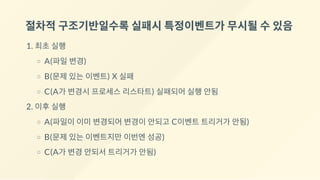 절차적구조기반일수록실패시특정이벤트가무시될수있음
1. 최초 실행
A(파일 변경)
B(문제 있는 이벤트) X 실패
C(A가 변경시 프로세스 리스타트) 실패되어 실행 안됨
2. 이후 실행
A(파일이 이미 변경되어 변경이 안되고 C이벤트 트리거가 안됨)
B(문제 있는 이벤트지만 이번엔 성공)
C(A가 변경 안되서 트리거가 안됨)
 