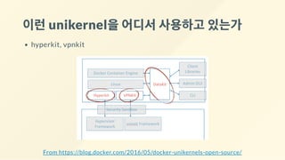 이런unikernel을어디서사용하고있는가
hyperkit, vpnkit
From https://blog.docker.com/2016/05/docker-unikernels-open-source/
 