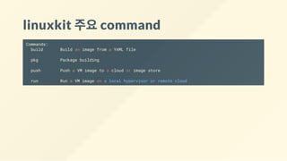 linuxkit 주요command
Commands:
build Build an image from a YAML file
pkg Package building
push Push a VM image to a cloud or image store
run Run a VM image on a local hypervisor or remote cloud
 