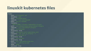 linuxkit kubernetes les
files:
- path: etc/linuxkit.yml
metadata: yaml
- path: /etc/kubernetes
symlink: "/var/lib/kubeadm"
- path: /etc/os-release
contents: |
PRETTY_NAME="LinuxKit Kubernetes Project"
- path: /usr/libexec/kubernetes/kubelet-plugins
symlink: "/var/lib/kubelet-plugins"
- path: /etc/kubeadm/
directory: true
- path: /etc/sysctl.d/01-kubernetes.conf
contents: 'net.ipv4.ip_forward = 1'
- path: /etc/cni/net.d
directory: true
- path: /opt/cni/bin
directory: true
- path: root/.ssh/authorized_keys
source: ~/.ssh/id_rsa.pub
mode: "0600"
optional: true
 