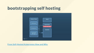 bootstrapping self hosting
From Self-Hosted Kubernetes How and Why
 