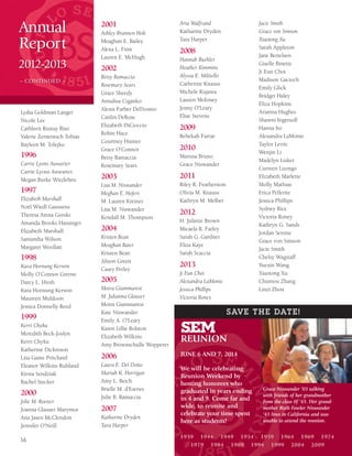 Annual
Report
2012-2013
– CONTINUED –
16
Lydia Goldman Langer
Nicole Lee
Cathleen Rustay Riso
Valerie Zernentsch Tobias
Rayleen M. Tolejko
1996
Carrie Lyons Auwarter
Carrie Lyons Auwarter
Megan Burke Witzleben
1997
Elizabeth Marshall
Noël Wiedl Gaussens
Theresa Arena Gorski
Amanda Brooks Hassinger
Elizabeth Marshall
Samantha Wilson
Margaret Woollatt
1998
Kara Hornung Kerwin
Molly O’Connor Greene
Darcy L. Hirsh
Kara Hornung Kerwin
Maureen Muldoon
Jessica Donnelly Reed
1999
Kerri Chyka
Meredith Beck-Joslyn
Kerri Chyka
Katherine Dickinson
Lisa Game Pritchard
Eleanor Wilkins Ruhland
Kirsta Sendziak
Rachel Stecker
2000
Jolie M. Roetter
Joanna Glauser Marymor
Ana Jasen McClendon
Jennifer O’Neill
2001
Ashley Brannen Holt
Meaghan E. Bailey
Alexa L. Finn
Lauren E. McHugh
2002
Betsy Ramaccia
Rosemary Sears
Grace Sheedy
Annalisa Ciganko
Alexis Farber DelNostro
Caitlin DeRose
Elizabeth DiCioccio
Robin Hace
Courtney Hunter
Grace O’Connor
Betsy Ramaccia
Rosemary Sears
2003
Lisa M. Niswander
Meghan E. Hofert
M. Lauren Kreiner
Lisa M. Niswander
Kendall M. Thompson
2004
Kristen Bean
Meaghan Baier
Kristen Bean
Alison Green
Casey Perley
2005
Moira Giammaresi
M. Julianna Glauser
Moira Giammaresi
Kate Niswander
Emily A. O’Leary
Karen Lillie Rolston
Elizabeth Wilkins
Amy Brownschidle Wopperer
2006
Laura E. Del Dotto
Mariah K. Horrigan
Amy L. Beich
Brielle M. d’Estries
Julie B. Ramaccia
2007
Katharine Dryden
Tara Harper
Aria Walfrand
Katharine Dryden
Tara Harper
2008
Hannah Buehler
Heather Kimmins
Alyssa E. Militello
Catherine Knauss
Michele Kujawa
Lauren Moloney
Jenny O’Leary
Elise Stevens
2009
Rebekah Farrar
2010
Marissa Bruno
Grace Niswander
2011
Riley R. Featherston
Olivia M. Knauss
Kathryn M. Melber
2012
H. Juliette Brown
Micaela R. Farley
Sarah G. Gardner
Eliza Kaye
Sarah Scaccia
2013
Ji Eun Choi
Alexandra LaMonte
Jessica Phillips
Victoria Roney
Jacie Smith
Grace von Simson
Xiaotong Xu
Sarah Appleton
Jane Bertelsen
Giselle Binette
Ji Eun Choi
Madison Gacioch
Emily Glick
Bridget Haley
Eliza Hopkins
Arianna Hughes
Shawni Ingersoll
Hanna Ito
Alexandra LaMonte
Taylor Levin
Wenjin Li
Madelyn Lisker
Curreen Luongo
Elizabeth Marlette
Molly Mathias
Erica Pellerite
Jessica Phillips
Sydney Rice
Victoria Roney
Kathryn G. Sands
Jordan Serotte
Grace von Simson
Jacie Smith
Chelsy Wagstaff
Yuexin Wang
Xiaotong Xu
Chumou Zhang
Linzi Zhou
REUNION
JUNE 6 AND 7, 2014
We will be celebrating
Reunion Weekend by
hosting honorees who
graduated in years ending
in 4 and 9. Come far and
wide, to reunite and
celebrate your time spent
here as students!
Grace Niswander ‘03 talking
with friends of her grandmother
from the class 0f ‘43. Her grand-
mother Ruth Fowler Niswander
‘43 lives in California and was
unable to attend the reunion.
SAVE THE DATE!
1939 1944 1949 1954 1959 1964 1969 1974
1979 1984 1989 1994 1999 2004 2009
 