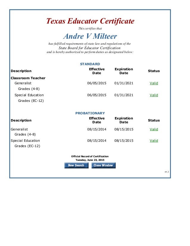 SBEC Official Record of Educator Certificate SBEC Official Record of Educator Certificate