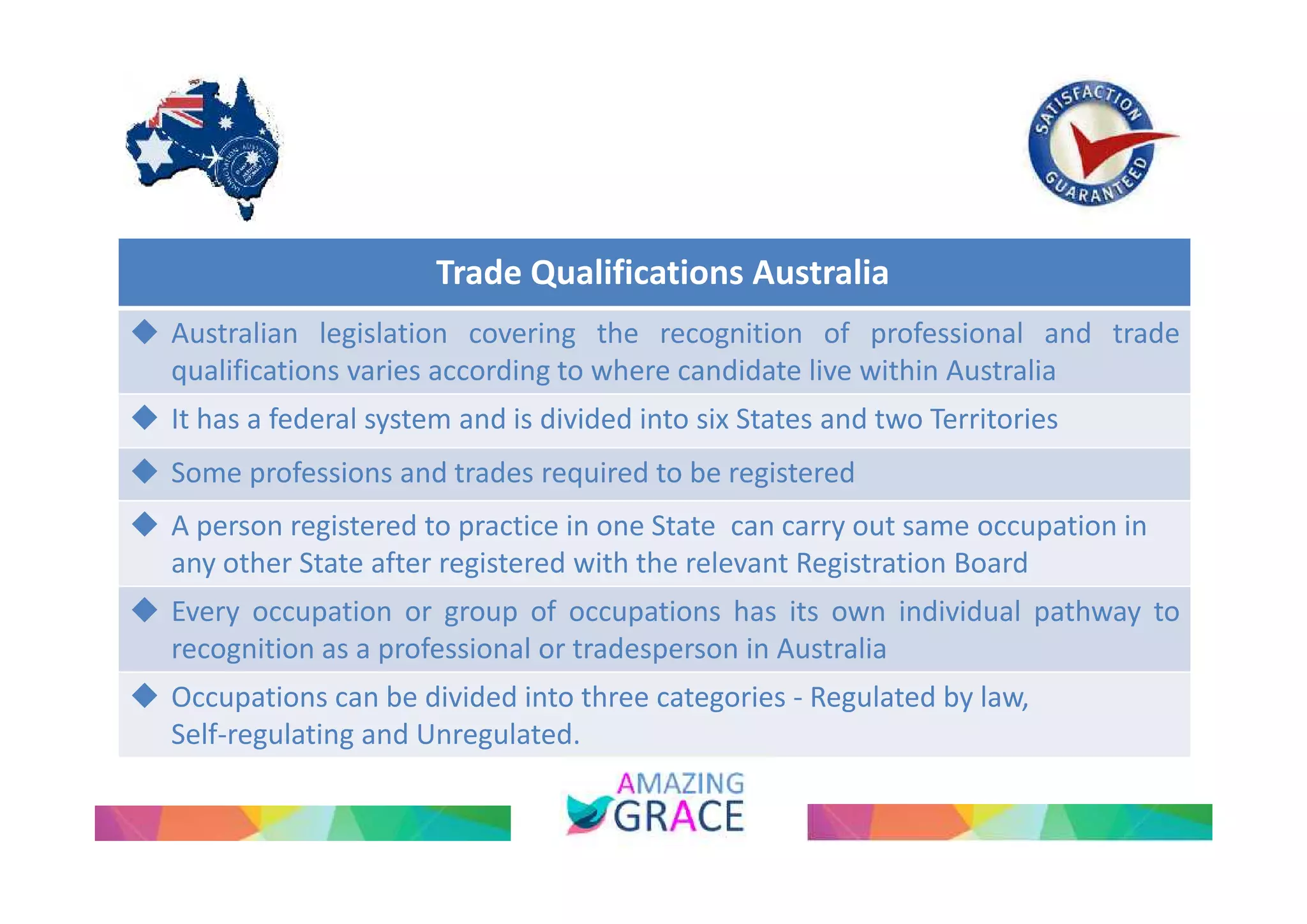 Trade Qualifications Australia 
 Australian legislation covering the recognition of professional and trade 
qualifications varies according to where candidate live within Australia 
 It has a federal system and is divided into six States and two Territories 
 Some professions and trades required to be registered 
 A person registered to practice in one State can carry out same occupation in 
any other State after registered with the relevant Registration Board 
 Every occupation or group of occupations has its own individual pathway to 
recognition as a professional or tradesperson in Australia 
 Occupations can be divided into three categories - Regulated by law, 
Self-regulating and Unregulated. 
 