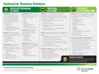 © 2015 CenturyLink. All rights reserved. Availability of CenturyLink services varies. Please refer to the following for availability details:
http://qwest.centurylink.com/legal/docs/availability. Not to be distributed or reproduced by anyone other than CenturyLink entities and
CenturyLink Channel Alliance members. CM140567 08/18/2015
SECURITY
& IT CONSULTING
HOSTING
& CLOUD
CenturyLink®
Business Solutions
DATA NETWORKING
& VOICE
Networking: Enables you to
run business applications 24/7
on our globally managed Public
and Private IP-based network,
including multi-protocol label
switching (MPLS) and Virtual
Private LAN Services (VPLS).
• Internet Port
• Private Port
• Enhanced Port 	
• Network Management
• Managed IP Communications
• IQ Wireless Backup
IP Voice: Includes VoIP and SIP
Trunking solutions tailored to your
business to improve efficiency and
add functionality.
• IP Long Distance
• SIP Trunking
• SIP Voice Bundles
• VoIP
CPE Hardware: Best of breed
partners to help you take
advantage of network solutions
without making a high investment.
• Hosted Unified
Communication Services
(HUCS)
• IP Telephony
• Managed Equipment
• Unified Communications
• WAN Optimization
Private Line: Provides local and
global dedicated circuits, switched
Ethernet & diversity options from
1.5 Mbps to 100 Gbps.
• DS1
• DS3
• E-Line
• SONET
• Ethernet Private Line
• Metro Ethernet
• Optical Wavelength Service
Contact Center: On-demand
IVR and routing solutions
help you deliver exceptional
customer service.
• Call Recording
• Hosted IVR
• Hosted ACD
• Notification
• Prompt & Route
Traditional Voice: Offers time-
tested voice service. CenturyLink
provides the breadth of expertise
you need for your voice
technology solution.
• ISDN
• Local Lines
• Long Distance
• Toll Free
• Voice/Web Conferencing
Hosting: Focus on application development and
operational continuity instead of infrastructure
upkeep, reduce data center expenses, secure your IT
environment and increase uptime to support back-up
and disaster recovery plans.
• Colocation: Migration Planning, Structured
Cabling, Support
• Connected Colocation
• Managed Hosting: Consulting, Applications,
Storage & Backup
• Storage: Backup & Archiving, Cloud Storage,
Consulting, NAS, & SAN
Cloud: Increase agility and lower cost with high-quality
SaaS, IaaS, PaaS, and Advanced Cloud Management
solutions.
• Cloud Data Center: Public or Private or Hybrid cloud
computing with dedicated resources
• Cloud Server: Public or dedicated servers
• Cloud Storage: Secure data access and retrieval
• Cloud Applications: Email & Collaboration, Hosting,
and Security & Backup
• Cloud Developer: IaaS and PaaS tools
Business Continuity: Operate 24/7, support your back-up
and disaster recovery plans and deliver a reliable and
high-quality user experience.
• Data Backup & Storage
• Hosting & Managed Colocation
• Network Redundancy & Protection
• Telephony Solutions for Continuity
of Communications
Security: Defend your organization and protect
your data with vital managed security solutions
to preserve your brand, and enable you to
be compliant.
• Application Protection
• Authentication
• AVAS / Web Filtering
• Consulting
• Data Backup & Storage
• DDoS
• Firewall
• IDS/IPS
• Managed Firewall
• Network Redundancy & Protection
• Network Security
• PCI Assessment
• Professional Security Services
IT Consulting & Implementation Services:
Improve time to market, reduce costs by
optimizing resources, increase ROI, and move to
the cloud with end-to-end IT services.
• Consulting: Strategy and Systems
• Consulting: Cloud Enablement
• Application Support & Maintenance
• Test Implementation and Execution
• Remote Infrastructure Management
• BI/Data Analytics	
• Security
• Design & Transition Services
• Service Management
MANAGED SERVICES
CenturyLink can also manage and customize a unique solu-
tion for your business from our portfolio of data networking,
voice, hosting, cloud and security services.
For more info visit centurylink.com/business
 