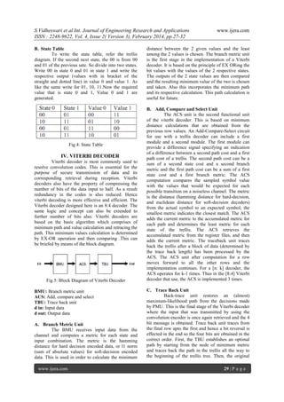 S.Vidheswari et al Int. Journal of Engineering Research and Applications
ISSN : 2248-9622, Vol. 4, Issue 2( Version 3), February 2014, pp.27-32
B. State Table
To write the state table, refer the trellis
diagram. If the second next state, the 00 is from 00
and 01 of the previous sate. So divide into two states.
Write 00 in state 0 and 01 in state 1 and write the
respective output (values with in bracket of the
straight and dotted line) in value 0 and value 1. As
like the same write for 01, 10, 11.Now the required
value that is state 0 and 1, Value 0 and 1 are
generated.

Fig 4: State Table

IV. VITERBI DECODER
Viterbi decoder is most commonly used to
resolve convolution codes. This is essential for the
purpose of secure transmission of data and its
corresponding retrieval during reception. Viterbi
decoders also have the property of compressing the
number of bits of the data input to half. As a result
redundancy in the codes is also reduced. Hence
viterbi decoding is more effective and efficient. The
Viterbi decoder designed here is an 8:4 decoder. The
same logic and concept can also be extended to
further number of bits also. Viterbi decoders are
based on the basic algorithm which comprises of
minimum path and value calculation and retracing the
path. This minimum values calculation is determined
by EX-OR operation and then comparing .This can
be briefed by means of the block diagram.

Fig 5: Block Diagram of Viterbi Decoder
BMU: Branch metric unit
ACS: Add, compare and select
TBU: Trace back unit
d in: Input data
d out: Output data
A. Branch Metric Unit
The BMU receives input data from the
channel and computes a metric for each state and
input combination. The metric is the hamming
distance for hard decision encoded data, or l1 norm
(sum of absolute values) for soft-decision encoded
data. This is used in order to calculate the minimum
www.ijera.com

www.ijera.com

distance between the 2 given values and the least
among the 2 values is chosen. The branch metric unit
is the first stage in the implementation of a Viterbi
decoder. It is based on the principle of EX ORing the
bit values with the values of the 2 respective states.
The outputs of the 2 state values are then compared
and the resulting minimum value of the two is chosen
and taken. Also this incorporates the minimum path
and its respective calculation. This path calculation is
useful for future.
B. Add, Compare and Select Unit
The ACS unit is the second functional unit
of the viterbi decoder. This is based on minimum
distance calculations that are obtained from the
previous row values. An Add-Compare-Select circuit
for use with a trellis decoder can include a first
module and a second module. The first module can
provide a difference signal specifying an indication
of a difference between a second path cost and a first
path cost of a trellis. The second path cost can be a
sum of a second state cost and a second branch
metric and the first path cost can be a sum of a first
state cost and a first branch metric. The ACS
computation compares the sampled symbol value
with the values that would be expected for each
possible transition on a noiseless channel. The metric
is the distance (hamming distance for hard-decision,
and euclidean distance for soft-decision decoders)
from the actual symbol to an expected symbol; the
smallest metric indicates the closest match. The ACS
adds the current metric to the accumulated metric for
each path and determines the least metric for each
state of the trellis. The ACS retrieves the
accumulated metric from the register files, and then
adds the current metric. The traceback unit traces
back the trellis after a block of data (determined by
the trace back length) has been processed by the
ACS. The ACS unit after computation for a row
moves forward to all the other rows and the
implementation continues. For a [n: k] decoder, the
ACS operates for k-1 times. Thus in the [8:4] Viterbi
decoder that use, the ACS is implemented 3 times.
C. Trace Back Unit
Back-trace unit restores an (almost)
maximum-likelihood path from the decisions made
by PMU. This is the final stage of the Viterbi decoder
where the input that was transmitted by using the
convolution encoder is once again retrieved and the 4
bit message is obtained. Trace back unit traces from
the final row upto the first and hence a bit reversal is
effected in the end so the four bits are obtained in the
correct order. First, the TBU establishes an optimal
path by starting from the node of minimum metric
and traces back the path in the trellis all the way to
the beginning of the trellis tree. Then, the original
29 | P a g e

 