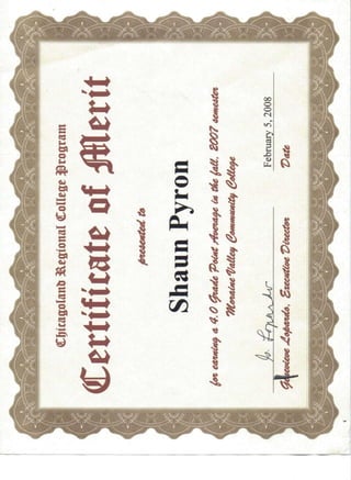 Moraine Valley GPA certificate