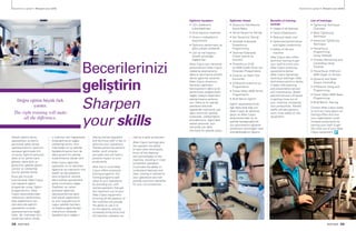 28 PARTNER PARTNER 29
Becerilerinizi geliştirin Sharpen your skills Becerilerinizi geliştirin Sharpen your skills
Doğru eğitim büyük fark
yaratır.
The right training will make
all the difference.
Becerilerinizi
geliştirin
Sharpen
your skills
Gerekli eğitimi almış
operatörlere ve teknik
personele sahip olmak,
operasyonlarınızı optimum
seviyeye getirmede kilit
rol oynar. Eğitimli personel
daha iyi bir performans
gösterir, daha akıllı ve
güvenli bir şekilde işlerini
yürütür ve üretkenliği
olumlu şekilde etkiler.
Bunu göz önünde
bulundurarak Atlas Copco,
çok kapsamlı eğitim
programları sunar. Eğitim
programlarımız, Atlas
Copco ekipmanlarından
maksimum performansı
elde edebilmeniz için
size alanında eğitimli
operatörler sunarak
operasyonlarınıza değer
katar. Bir makineye tüm
yönleriyle hakim olmak,
o makineyi tam kapasiteyle
kullanabilmenizi sağlar,
üretkenliği arttırır, hem
makineden en iyi şekilde
faydalanılmasına hem de
daha güvenli bir şekilde
kullanılmasına olanak verir.
Atlas Copco eğitimleri
operatöre, en iyi teknikleri
öğrenme ve makinenin tüm
özellik ve teknolojilerini
tanıma becerisi vererek,
daha kalifiye operatörlere
sahip olunmasını sağlar.
Özellikleri ve riskleri
açıklayan eğitimler,
operasyonlarınıza göre
özel olarak yapılandırılır
ve sizin koşullarınıza en
uygun şekilde hazırlanır
ve böylece eğitimlerden
maksimum düzeyde
faydalanmanız sağlanır.
Having trained operators
and technical staff is key to
optimise your operations.
Trained personnel perform
better, work smarter
and safer and will have a
positive impact on your
productivity.
With this in mind Atlas
Copco offers extensive
training programs. Our
training programs add
value to your operations
by providing you with
trained operators that get
the maximum out of your
Atlas Copco equipment.
Knowing all the aspects of
the machine will provide
the ability to use it to
its full capacity, proving
increased productivity and
full machine utilisation as
well as a safer production.
Atlas Copco trainings give
the operator the ability
to learn best techniques,
know all the features
and technologies of the
machine, resulting in more
competent operators.
It provides the ability to
understand features and
risks, training is tailored to
your operations and will
provide maximum benefits
for your circumstances.
Eğitimin faydaları:
•	Tüm özelliklerin 	 	
	kullanılabilmesi
•	Arıza sayısının azalması
•	Onarım maliyetlerinin 	 	
	düşürülmesi
•	Optimum performans ve 	
	 daha yüksek üretkenlik
•	Can ve mal kaybına 	 	
	 yönelik güvenliğin 		
	sağlanması
Atlas Copco aynı zamanda
personelinizin Atlas Copco
vidalama ekipmanlarını
daha iyi tanımasına yönelik
teknik eğitimler düzenler.
Atlas Copco sıkıştırma
teknikleri eğitimleri,
teknisyenlerin daha iyi bir
performans sergilemesini
sağlar, önleyici bakımların
planlanmasına yardımcı
olur. Daha iyi bir şekilde
planlanan bakımlar
sayesinde makinenizi çok
daha verimli bir şekilde
kullanarak, üretkenliğinizi
arttırabilirsiniz. Eğitimlere
katılan personel, aynı
zamanda çok daha
emniyetli bir şekilde çalışır.
Eğitimler listesi:
•	Sıkıştırma Tekniklerine 		
	 Genel Bakış
•	Temel Sıkıştırma Tekniği
•	İleri Sıkıştırma Tekniği
•	Toolstalk Kullanarak	
	 Powerfocus 			
	Programming
•	Toolsnet Kullanarak	
	 Proses İzleme ve 		
	Kontrolü
•	Powerfocus 3100 	 	
	 ve 4000 Grafik Ekran için 	
	Ekrandan Programlama
•	Dinamik ve Statik Tork 		
	Kontrolleri
•	STWrench Kullanma ve 	
	Programlama
•	Power Macs 4000 Temel 	
	Programlama
•	BLM Bench Eğitimi
Eğitim seçeneklerimizle
ilgili daha fazla bilgi için
Atlas Copco ile iletişime
geçin ve Atlas Copco
ekipmanlarından en iyi
şekilde faydalanabilmek
için personelinizi eğiterek
şirketinizin verimliliğini nasıl
arttırabileceğinizi öğrenin.
Benefits of training
include:
•	Usage of all features
•	Fewer breakdowns
•	Reduced repair cost
•	Optimized performance 	
	 and higher productivity
•	Safety of life and 	 	
	machine
Atlas Copco also offers
technical training to get
your staff to know your
Atlas Copco screwing
equipments better.
Atlas Copco tightening
technique trainings make
technicians perform better,
it helps with planning
and preventative service
and maintenance. Better
planned service will assist
in getting more out of
your machine, increasing
your productivity. Trained
staffs will also perform
work more safely on the
equipment.
List of trainings:
•	Tightening Technique 	 	
	Overview
•	Basic Tightening 	 	
	Technique
•	Advanced Tightening 	 	
	Technique
•	Powerfocus 	 	 	
	Programming 			
	Using Toolstalk
•	Process Monitoring and 	
	Controlling Using 		
	Toolsnet
•	Powerfocus 3100 and 	 	
	 4000 Graph on Screen
•	Dynamic and Static 	 	
	 Torque Controlling
•	STWrench Using and 	 	
	Programming
•	Power Macs 4000 Basic 	
	Programming
•	BLM Bench Training
Contact Atlas Copco today
to find out more about our
training offers and how
your organisation could
increase productivity by
training your staff to get
the most out of your Atlas
Copco equipment.
 