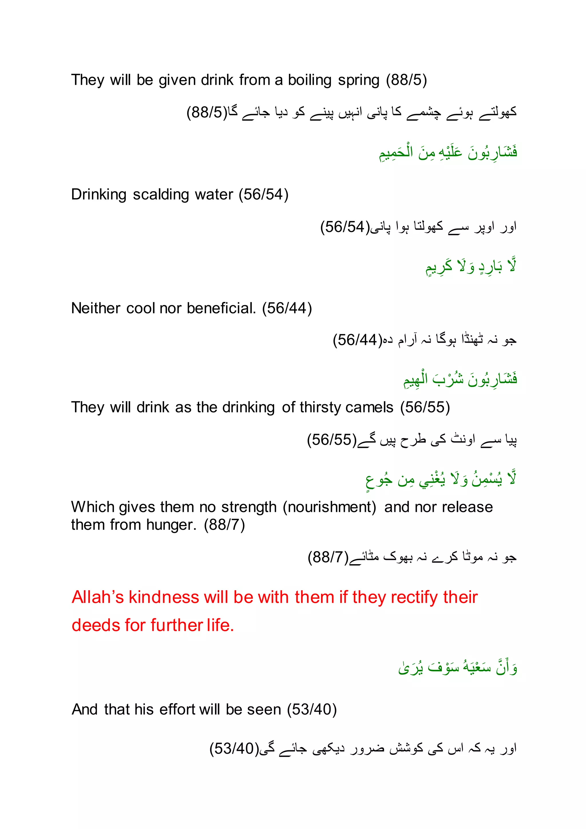 They will be given drink from a boiling spring (88/5)
‫گا‬ ‫جائے‬ ‫ديا‬ ‫کن‬ ‫پينے‬ ‫انہيں‬ ‫پانی‬ ‫کا‬ ‫چشمے‬ ‫ہنئے‬ ‫کهنلتے‬(88/5)
ِ‫يم‬ِ‫م‬َ‫ح‬ْ‫ال‬ َ‫ن‬ِ‫م‬ ِ‫ه‬ْ‫ي‬َ‫ل‬َ‫ع‬ َ‫نن‬ُ‫ب‬ ِ‫ار‬َ‫ش‬َ‫ف‬
Drinking scalding water (56/54)
‫پانی‬ ‫ہنا‬ ‫کهنلتا‬ ‫سے‬ ‫انپر‬ ‫انر‬(56/54)
ٍ‫يم‬ ِ‫ر‬َ‫ك‬ َ‫ال‬ َ‫ن‬ ٍ‫د‬ ِ‫ار‬َ‫ب‬ َّ‫ال‬
Neither cool nor beneficial. (56/44)
‫ده‬ ‫آرام‬ ‫نہ‬ ‫ہنگا‬ ‫ٹهنڈا‬ ‫نہ‬ ‫جن‬(56/44)
ِ‫يم‬ِ‫ه‬ْ‫ال‬ َ‫ب‬ ْ‫ر‬ُ‫ش‬ َ‫نن‬ُ‫ب‬ ِ‫ار‬َ‫ش‬َ‫ف‬
They will drink as the drinking of thirsty camels (56/55)
‫گے‬ ‫پيں‬ ‫طرح‬ ‫کی‬ ‫اننٹ‬ ‫سے‬ ‫پيا‬(56/55)
ٍ‫نع‬ُ‫ج‬ ‫ن‬ِ‫م‬ ‫ي‬ِ‫ن‬ْ‫غ‬ُ‫ي‬ َ‫ال‬ َ‫ن‬ ُ‫ن‬ِ‫م‬ْ‫س‬ُ‫ي‬ َّ‫ال‬
Which gives them no strength (nourishment) and nor release
them from hunger. (88/7)
‫مٹائے‬ ‫بهنک‬ ‫نہ‬ ‫کرے‬ ‫منٹا‬ ‫نہ‬ ‫جن‬(88/7)
Allah’s kindness will be with them if they rectify their
deeds for further life.
ٰ‫ى‬َ‫ر‬ُ‫ي‬ َ‫ف‬ ْ‫ن‬َ‫س‬ ُ‫ه‬َ‫ي‬ْ‫ع‬َ‫س‬ َّ‫ن‬َ‫أ‬ َ‫ن‬
And that his effort will be seen (53/40)
‫کی‬ ‫اس‬ ‫کہ‬ ‫يہ‬ ‫انر‬‫ضرنر‬ ‫کنشش‬‫گی‬ ‫جائے‬ ‫ديکهی‬(53/40)
 