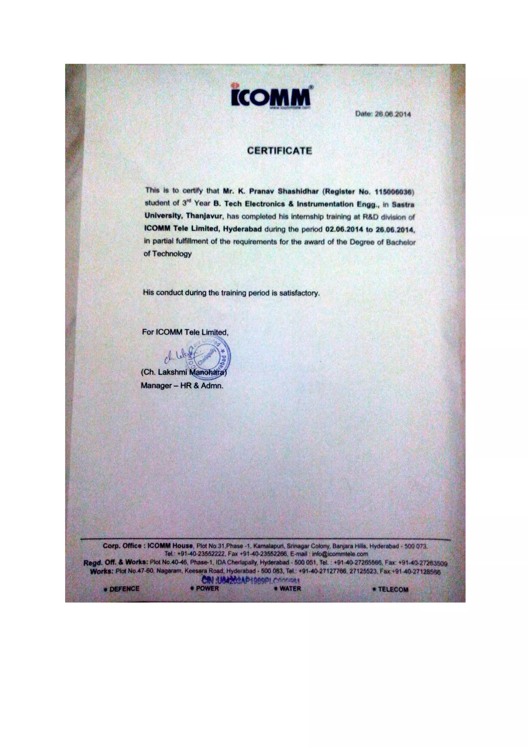 CERTIFICATE FOR INTERNSHIP | PDF