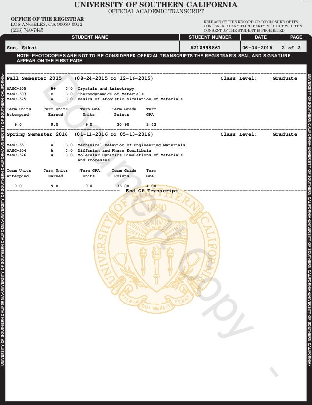 USC transcript