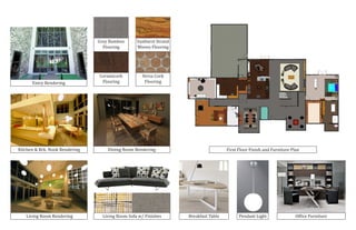 First Floor Finish and Furniture PlanDining Room RenderingKitchen & Brk. Nook Rendering
Living Room Rendering
Grey Bamboo
Flooring
Sunburst Strand
Woven Flooring
Ceramicork
Flooring
Versa Cork
Flooring
Living Room Sofa w/ Finishes Breakfast Table Pendant Light Office Furniture
Entry Rendering
1/16" = 1'-0"
1
Level 1 ARCHITECTURAL PLAN
 