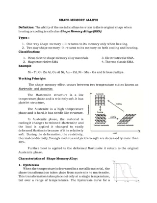 SHAPE MEMORY ALLOYS
Definition: The ability of the metallic alloys to retain to their original shape when
heating or cooling is called as Shape Memory Alloys (SMA).
Types :
1. One way shape memory – It returns to its memory only when heating.
2. Two way shape memory - It returns to its memory on both cooling and heating.
Classification:
1. Piezo electricshape memory alloy materials 3. Electrostrictive SMA.
2. Magnetostrictive SMA 4. Thermo elastic SMA.
Example
Ni – Ti, Cu Zn Al, Cu Al Ni, Au – Cd, Ni - Mn – Ga and fe based alloys.
Working Principle:
The shape memory effect occurs between two temperature states known as
Martensite and Austenite.
The Martensite structure is a low
temperature phase and is relatively soft. It has
platelet structure,
The Austenite is a high temperature
phase and is hard, it has needle like structure.
In Austenite phase, the material is
cooling it changes to twinned Martensite and
the load is applied it changed to easily
deformed Martinsite because of it is relatively
soft. During the deformation, the resistivity,
thermal conductivity, Young’s modulus and yield strength are decreased by more than
40%.
Further heat is applied to the deformed Martinsite it return to the original
Austenite phase.
Characteristicsof Shape Memory Alloy:
1. Hysteresis
When the temperature is decreased in a metallicmaterial, the
phase transformation takes place from austenite to martensite.
This transformation takes place not only at a single temperature,
but over a range of temperatures. The hysteresis curve for a
 
