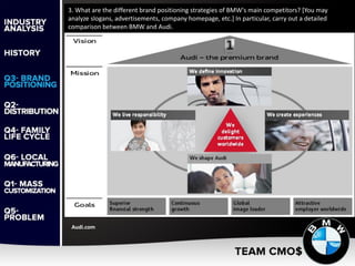 3. What are the different brand positioning strategies of BMW's main competitors? [You may
analyze slogans, advertisements, company homepage, etc.] In particular, carry out a detailed
comparison between BMW and Audi.
Audi.com
 