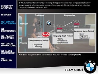 3. What are the different brand positioning strategies of BMW's main competitors? [You may
analyze slogans, advertisements, company homepage, etc.] In particular, carry out a detailed
comparison between BMW and Audi.
Audi - brand management driven success Michael Renz, Head of Central Marketing AUDI AG
 