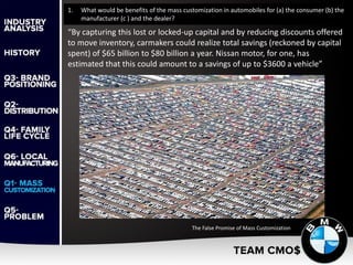 1. What would be benefits of the mass customization in automobiles for (a) the consumer (b) the
manufacturer (c ) and the dealer?
“By capturing this lost or locked-up capital and by reducing discounts offered
to move inventory, carmakers could realize total savings (reckoned by capital
spent) of $65 billion to $80 billion a year. Nissan motor, for one, has
estimated that this could amount to a savings of up to $3600 a vehicle”
The False Promise of Mass Customization
 