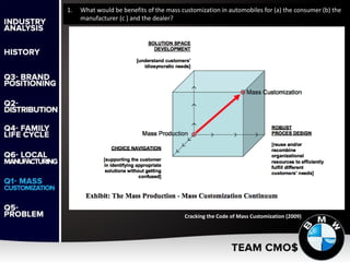 1. What would be benefits of the mass customization in automobiles for (a) the consumer (b) the
manufacturer (c ) and the dealer?
Cracking the Code of Mass Customization (2009)
 