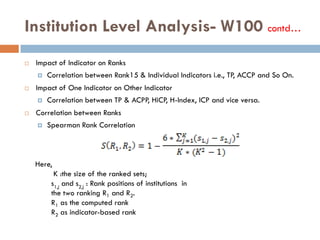 Institution Level Analysis- W100 contd…
 Impact of Indicator on Ranks
 Correlation between Rank15 & Individual Indicators i.e., TP, ACCP and So On.
 Impact of One Indicator on Other Indicator
 Correlation between TP & ACPP, HiCP, H-Index, ICP and vice versa.
 Correlation between Ranks
 Spearman Rank Correlation
Here,
K :the size of the ranked sets;
s1,j
and s2,j
: Rank positions of institutions in
the two ranking R1 and R2.
R1 as the computed rank
R2 as indicator-based rank
 