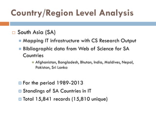 Country/Region Level Analysis
 South Asia (SA)
 Mapping IT infrastructure with CS Research Output
 Bibliographic data from Web of Science for SA
Countries
 Afghanistan, Bangladesh, Bhutan, India, Maldives, Nepal,
Pakistan, Sri Lanka
 For the period 1989-2013
 Standings of SA Countries in IT
 Total 15,841 records (15,810 unique)
 