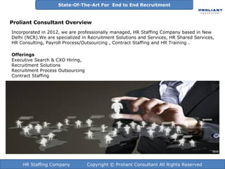 HR Staffing Company Copyright © Proliant Consultant All Rights Reserved
Incorporated in 2012, we are professionally managed, HR Staffing Company based in New
Delhi (NCR).We are specialized in Recruitment Solutions and Services, HR Shared Services,
HR Consulting, Payroll Process/Outsourcing , Contract Staffing and HR Training .
Offerings
Executive Search & CXO Hiring,
Recruitment Solutions
Recruitment Process Outsourcing
Contract Staffing
State-Of-The-Art For End to End Recruitment
Proliant Consultant Overview
State-Of-The-Art For End to End Recruitment
 