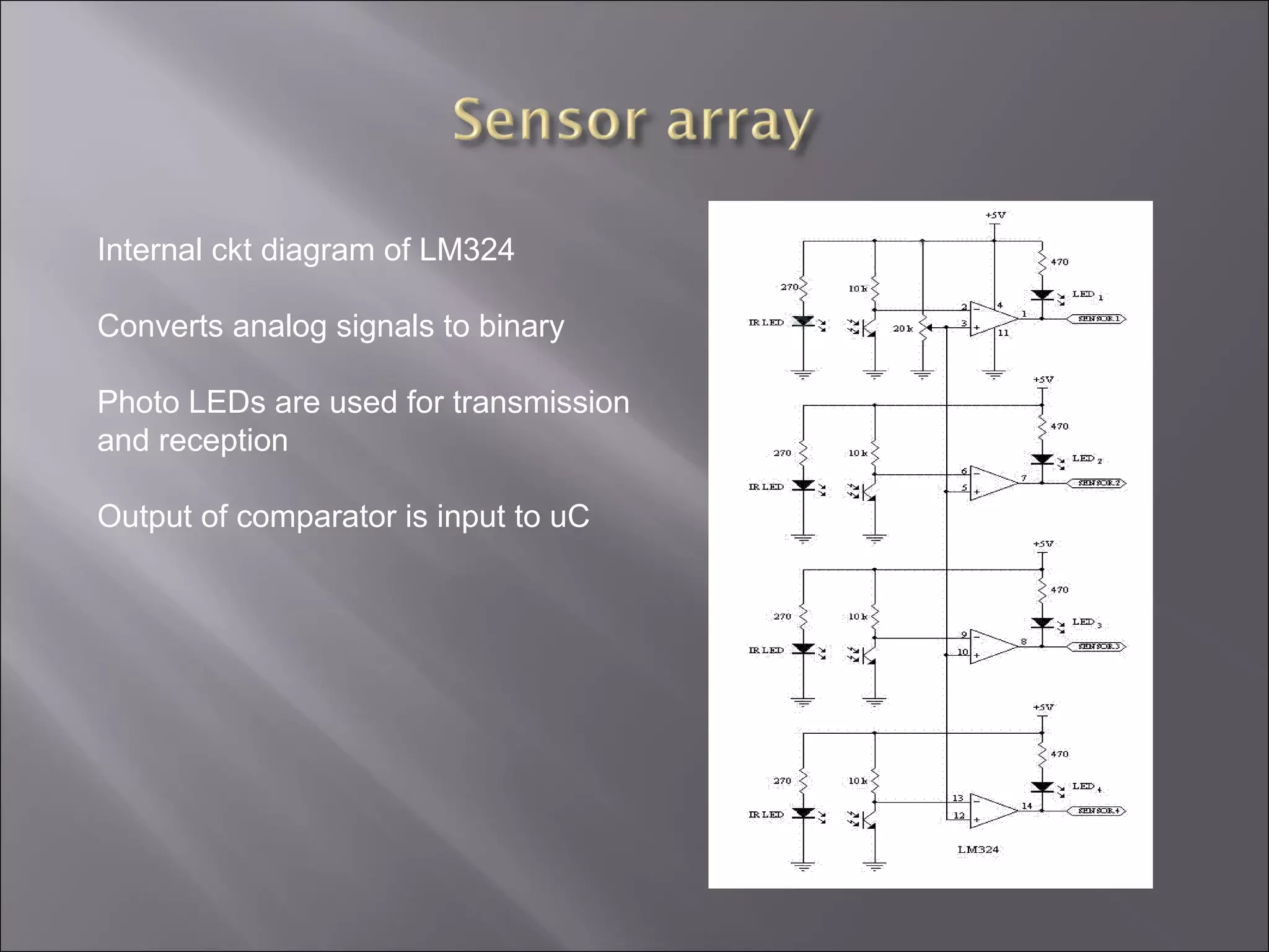 Internal ckt diagram of LM324
Converts analog signals to binary
Photo LEDs are used for transmission
and reception
Output of comparator is input to uC
 