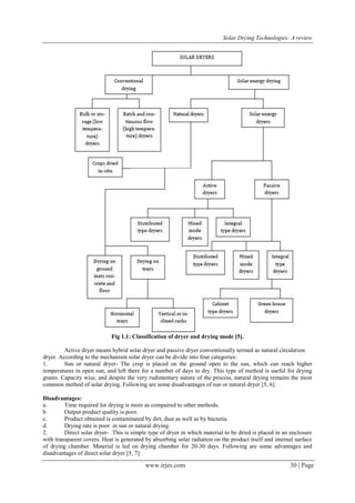Solar Drying Technologies: A review
www.irjes.com 30 | Page
Fig 1.1: Classification of dryer and drying mode [5].
Active dryer means hybrid solar dryer and passive dryer conventionally termed as natural circulation
dryer. According to the mechanism solar dryer can be divide into four categories:
1. Sun or natural dryer- The crop is placed on the ground open to the sun, which can reach higher
temperatures in open sun, and left there for a number of days to dry. This type of method is useful for drying
grains. Capacity wise, and despite the very rudimentary nature of the process, natural drying remains the most
common method of solar drying. Following are some disadvantages of sun or natural dryer [5, 6].
Disadvantages:
a. Time required for drying is more as compaired to other methods.
b. Output product quality is poor.
c. Product obtained is contaminated by dirt, dust as well as by bacteria.
d. Drying rate is poor in sun or natural drying.
2. Direct solar dryer- This is simple type of dryer in which material to be dried is placed in an enclosure
with transparent covers. Heat is generated by absorbing solar radiation on the product itself and internal surface
of drying chamber. Material is led on drying chamber for 20-30 days. Following are some advantages and
disadvantages of direct solar dryer [5, 7]:
 