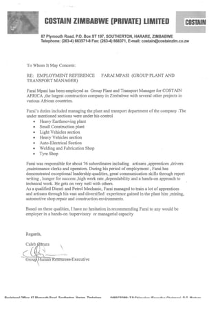 FARAI COSTAIN REFERENCE LETTER