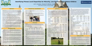 Background image: Old Main
Identifying Fitness Level Disparities for Minority, Low Socioeconomic Status Children
Lila M. Gutuskey1, Mariane M. Fahlman1, Heather Hall2
Wayne State University1, Elmhurst College2
Background/Purpose: There is a strong link between childhood cardiovascular fitness, healthy body
composition, and cardiovascular disease later in life. Morbidity and mortality related to cardiovascular
disease disproportionally impact non-white minorities and people of low socioeconomic status (SES).
The purpose of this research was to determine whether urban minority 4th graders of low SES differed in
measures of health related fitness or self-efficacy related to physical activity when compared to non-
minority children who were not identified as low SES.
Method: This was a quasi-experimental design involving 1,432 fourth graders who self-identified as
Black, Hispanic or White and were coded as either high socioeconomic status (H-SES) or low
socioeconomic (L-SES) based on eligibility for free or reduced lunches. A valid and reliable seven item
perceived self-efficacy to perform physical activity scale was used to measure self-efficacy. Health
related components of physical fitness were tested using the FitnessgramR.
Statistics on boys and girls were run separately. A 2 (H-SES vs L-SES) by 3 (Hispanic, African
American, White) MANOVA was run on the dependent variables. ANOVAs were conducted on
dependent variables by ethnicity. When significance was found, a Tukey post hoc was performed.
Independent samples t-tests were run to determine dependent variables that differed based on SES.
Analysis/Results: Among girls, significant main effects were found for ethnicity F (2, 698) = 2.779, p <
0.001; and SES t = 5.891, p < 0.001. Post hoc analysis revealed significant ethnic differences on the
following dependent variables: mile run, curl-ups, push-ups, body mass index and self-efficacy. Students
identified as low SES scored lower than those identified as high in the variables mile run, curl-ups, push-
ups, BMI, and self-efficacy.
Among boys, significant main effects were found for ethnicity F (2, 714) = 3.174, p < 0.001; and SES t =
5.024, p < 0.001. Post hoc analysis revealed significant ethnic differences on the following dependent
variables: mile run, curl-ups, push-ups, BMI, trunk extension and self-efficacy. Students identified as
low SES scored lower than those identified as high in the variables mile run, curl-ups, push-ups, BMI,
and self-efficacy.
Conclusion: This study identified disparities in physical fitness and physical activity self-efficacy
between low income, minority children and their higher income, white peers. Health interventions
focused on increasing minority children’s fitness levels could help reduce incidences of obesity and
associated deleterious health effects and might narrow the existing health gap between segments of
society based on income and ethnicity.
ABSTRACT
• Morbidity and mortality related to cardiovascular disease disproportionately impact nonwhite
minorities and people of low socio-economic status (SES; Delva, O'Malley, & Johnston, 2006).
Urban populations are particularly rife with factors that contribute to poor health outcomes, including
large minority populations living in poverty.
• While multiple factors contribute to cardiovascular disease, a key component is a lack of physical
activity (PA) that tracks back to childhood (Janz, Dawson, & Mahoney, 2000), particularly in non-
white populations.
• Since multiple body systems are required to perform that activity, levels of “physical fitness” are
significant markers of health as well as potential predictors of future morbidity and mortality (Ortega,
Ruiz, Castillo, & Msjostrom, 2008). Ruiz et al. (2009) concluded that there is strong evidence for the
link between childhood cardiovascular fitness, healthy body composition and cardiovascular health
later in life.
• There are multiple studies that support the fact that fitness levels demonstrate patterns similar to
activity levels; they decrease with age, and this decrease is more prevalent in minorities and people of
low SES. Non-Hispanic Blacks have been found to have significantly lower measures of
cardiorespiratory fitness than other races (Caeser, Fitzhugh, Thompson & Bassett, 2013; Duncan, Li &
Zhou, 2005; Sanders & Duncan, 2006), and given the protective effects of cardiovascular fitness,
increasing cardiovascular fitness could significantly impact future disease rates (Sanders & Duncan,
2006).
• The purpose of this research was to determine whether urban minority fourth and fifth graders of low
socio-economic status differed in measures of health related fitness or self-efficacy related to physical
activity when compared to suburban non-minority children who were not identified as low
socioeconomic status.
INTRODUCTION
Participants
The original sample consisted of 1,632 fourth and fifth grade boys and girls enrolled in elementary
schools in a large Midwestern city and suburb. The final sample consisted of 1,432 (87%) students who
completed all aspects of the study.
Table 1. Demographic Information
Instruments
• A valid and reliable seven item perceived self-efficacy to perform physical activity scale was used to
measure self-efficacy (Martin & McCaughtry, 2008). The internal reliability coefficient was .82.
• Health related components of physical fitness were tested using the FitnessgramR (Cooper Institute
for Aerobics, 1994). The test was conducted by trained technicians and students were familiarized
with the procedure for each test prior to recording the data. The following areas were tested: aerobic
capacity (one-mile run), abdominal strength and endurance (curl-ups), upper body strength and
endurance (push-up), hamstring flexibility (back-saver sit and reach), and trunk extensor strength and
flexibility.
Analysis
• Eight dependent variables in this study: seven measures of health related fitness and self-efficacy for
physical activity.
• Independent samples t-tests were run to determine if dependent variables differed based on gender.
Since there were significant gender differences in several of the dependent variables, boys and girls
were run separately for the rest of the analysis.
• Due to the interaction between ethnicity and SES, separate logistic regression analyses were
conducted for each dependent variable with ethnicity and SES entered as covariates.
• Since ethnicity proved to be an independent predictor in all but three instances, separate univariate
ANOVAs were conducted on the dependent variables by ethnicity.
• Independent samples t-tests were run to determine dependent variables that differed based on SES.
• Due to the number of dependent variables, a Bonferroni correction factor was applied and the
significance level was set at 0.006.
THEORETICAL FRAMEWORK
Girls
Among girls, significant main effects were found for ethnicity (F (2, 698) = 2.779, p < 0.001); and SES
(t = 5.891, p < 0.001). Subsequent post hoc analysis revealed significant ethnic differences on the
following dependent variables mile run (F(2,672) = 23.7, p < 0.001); curl-ups (F(2,699) = 26.3, p <
0.001); push-ups (F(2,699) = 22.5, p < 0.001); body mass index (F(2,710) = 10.3, p < 0.001); (Table 2).
There was also a significant difference in self-efficacy (F(2,701) = 16.2, p < 0.001); (Table 3). Students
who were identified as low SES scored lower than those identified as high in the variables mile run, curl-
ups, push-ups, BMI, and self-efficacy (Table 4). The logistic regression analysis revealed that ethnicity
was a separate predictor for the variables mile run, curl-ups, push-ups, BMI, trunk lift, and self-efficacy.
SES was a separate predictor for the variables mile run, curl-ups, push-ups, BMI, and self-efficacy.
Table 2. Dependent variables by race/ethnicity in girls (mean  SEM)
RESULTS
• Both minority status and low SES were independent factors contributing to the fact that urban
students scored lower than their suburban counterparts on both fitness measures and self-efficacy to
perform physical activity.
• This study identifies that these discrepancies are now occurring as early as ten years of age,
especially when past research provides strong support for the notion that physical activity declines
with age and obesity levels carry over into adulthood with severe health consequences.
• We believe that urban school-based interventions have great potential for improving student health
behaviors and changing the patterns of unhealthy eating and low physical activity that lead to dire
consequences in adulthood.
• School-based health interventions, grounded in Social Cognitive Theory, specifically focused on
increasing minority children’s fitness levels and promoting healthy eating behaviors could help
reduce incidences of obesity and associated deleterious health effects, and might, in fact, narrow the
existing health gaps between segments of society based on income and ethnicity.
CONCLUSIONS
Black Hispanic White
Low SES High SES Low SES High SES Low SES High SES
Girls (n=712) 206 32 207 30 27 210
Boys (n=720) 215 20 203 37 23 222
METHODS
• Bandura’s Social Cognitive Theory, specifically self-efficacy, has been used to explain declines in
physical activity as students age (Bandura, 1986).
• Students who feel more confident in their ability to perform regular exercise are more likely to develop
regular exercise habits.
• Whitehead (1995) observed that physical self-perceptions of body, sport competence, physical
conditioning and general physical self-worth were all related to several indicators of anaerobic fitness,
aerobic fitness, and muscular strength in seventh and eighth graders.
• Several studies have reported that self-efficacy is related to exercise behavior specifically in minority
children (Hausenblas, Nigg, Downs, Fleming, & Connaughton, 2002; Martin & McCaughtry, 2008;
Trost et al., 2002).
Variable Black Hispanic White F p
Mile run (seconds) 833.4  26.6 1 913.6  41.0 2 705.6  13.0 1,2 23.7 <0.001
Curl-ups (#) 23.0  2.3 1,2 10.5  1.5 1,3 37.1  2.1 2,3 26.3 <0.001
Push-ups (#) 04.7  0.7 1 04.2  0.9 2 11.7  0.7 1,2 22.5 <0.001
BMI (kg/m2) 22.7  6.0 1 24.7 24.5 2 16.4 + 0.3 2,3 10.3 <0.001
Trunk extension (inches) 11.1  0.0 10.3  0.3 10.8  0.2 1.8 0.168
Sit and reach (R) (inches) 9.3  0.7 8.3  0.9 9.6 0.3 1.5 0.225
Sit and reach (L) (inches) 9.4  0.7 8.5  0.9 9.9  0.3 1.6 0.231
Self-efficacy 12.5  0.4 9.4  0.4 17.4  0.3 16.2 <0.001
How sure are you that you can: Black Hispanic White
do physical activities on Saturday mornings 1.9  0.2 1 1.3  0.6 2 2.7  0.1 1,2
be good at physical activities 1.9  0.6 1 1.1  0.4 1,2 2.5  0.6 1,2
do physical activities when you have lots of homework 1.9  0.6 1 1.7  0.5 2 1.0  0.5 1,2
do physical activities when you arrive home late after school 1.5  0.5 1 1.4  0.4 2 2.7  0.4 1,2
do physical activities when your parents want you to do
something else
1.6  0.4 1.5  0.5 1.9  0.8
do physical activities when it is very cold outside 1.8  0.3 1.4  0.6 2.8  0.6
do physical activities when you don’t feel like it 1.9  0.6 1,2 1.3  0.6 1,3 2.7  0.6 2,3
Total subscale score 12.5 + 0.41 9.4 + 0.42 16.4 + 0.3 2,3
Table 3. Self-efficacy question responses from girls
Like numbers (1,2,3) indicate significant difference between race/ethnicities (p < 0.004).
Low SES (n = 440) High SES (n = 272) t p
Mile run (seconds) 826 + 18.5 699 + 10.5 -5.09 <0.001
Curl-ups (#) 21.0 + 2.3 39.6 + 1.8 6.424 <0.001
Push-ups (#) 4.4 + 0.4 14.3 + 0.8 11.459 <0.001
BMI (kg/m2) 22.8 + 0.5 18.4 + 0.3 -3.499 0.001
Self-efficacy 10.5 + 0.2 16.5 + 0.2 -3.796 <0.001
Table 4. Dependent variables with significant differences based on SES in girls (mean + SEM)
Boys
Among boys, significant main effects were found for ethnicity (F (2, 714) = 3.174, p < 0.001); and
SES (t = 5.004, p < 0.001). Subsequent post hoc analysis revealed significant ethnic differences on the
following dependent variables: mile run (F(2,702) = 13.9, p < 0.001); curl-ups (F(2,708) = 15.5, p <
0.001); push-ups (F(2,708) = 3.3, p = 0.031); body mass index (F(2,714) = 21.7, p < 0.001); trunk
extension (F(2,702) = 10.3, p < 0.001); (Table 5). There was also a significant difference in self-
efficacy (F(2,714) = 18.5, p < 0.001); (Table 6). Students who were identified as low SES scored
lower than those identified as high in the variables mile run, curl-ups, push-ups, BMI, and self-
efficacy (Table 7). The logistic regression analysis revealed that ethnicity was a separate predictor for
the variables mile run, curl-ups, push-ups, BMI, trunk lift, and self-efficacy. SES was a separate
predictor for the variables mile run, curl-ups, push-ups, BMI, and self-efficacy.
Table 5. Dependent variables by race/ethnicity in boys (mean  SEM)
Variable Black Hispanic White F p
Mile run (seconds) 728.3  33.2 1 840.6  40.2 1,2 654.6  14.6 2 13.9 <0.001
Curl-ups (#) 27.5  2.6 1,2 14.4  2.2 1,3 35.9  2.0 2,3 15.5 <0.001
Push-ups (#) 13.1  1.5 1 8.8  1.4 1,2 13.7  0.9 2 3.3 0.031
BMI (kg/m2) 21.8  0.8 24.0  0.9 19.4  0.3 21.7 <0.001
Trunk extension (inches) 11.5  0.1 1 10.5  0.4 9.9  0.2 1 10.3 <0.001
Sit and reach (R) (inches) 8.6  0.7 9.9  0.5 8.2  0.3 2.4 0.097
Sit and reach (L).3
(inches)
8.7  0.7 9.7  0.6 8.3  0.3 1.7 0.190
Self-efficacy 14.3  0.3 9.8  0.4 18.0  0.2 18.5 <0.001
Like numbers (1, 2, 3) indicate significant difference between race/ethnicities.
Table 6. Self-efficacy question responses from boys
How sure are you that you can: Black Hispanic White
do physical activities on Saturday mornings 1.9  0.2 1 1.2  0.5 2 2.7  0.1 1,2
be good at physical activities 2.5  0.6 1 1.1  0.4 1,2 2.5  0.6 2
do physical activities when you have lots of homework 2.0  0.6 1 2.0  0.5 2 1.0  0.5 1,2
do physical activities when you arrive home late after school 1.3  0.2 1 1.2  0.5 2 2.7  0.5 1,2
do physical activities when your parents want you to do
something else
2.0  0.4 1.8  0.5 2.0  0.8
do physical activities when it is very cold outside 2.2  0.3 1 1.4  0.6 1,2 2.3  0.5 2
do physical activities when you don’t feel like it 1.5  0.6 1 1.3  0.6 2 2.7  0.6 1,2
Total subscale score 14.3  0.31 9.8  0.42 18.0  0.2 1,2
Like numbers (1,2,3) indicate significant difference between race/ethnicities (p < 0.004).
Table 7. Dependent variables with significant differences based on SES in boys (mean + SEM)
Low SES (n = 441) High SES (n = 279) t p
Mile run (seconds) 782 + 21.5 669 + 12.2 -3.09 <0.001
Curl-ups (#) 16.0 + 2.3 32.4 + 4.8 10.424 <0.001
Push-ups (#) 7.2 + 0.8 12.3 + 0.7 11.232 <0.001
BMI (kg/m2) 21.8 + 0.5 19.4 + 0.3 -3.499 0.001
Self-efficacy 11.5 + 0.2 17.5 + 0.2 -3.796 <0.001
 