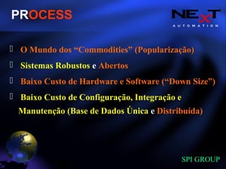 A U T O M A T I O N
SPI GROUP
O Mundo dos “Commodities” (Popularização)
Sistemas Robustos e Abertos
Baixo Custo de Hardware e Software (“Down Size”)
Baixo Custo de Configuração, Integração e
Manutenção (Base de Dados Única e Distribuída)
PROCESS