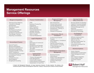 Management Resources
Service OfferingsService Offerings
Mergers & Acquisition
• Planning & Due Diligence
Finance Transformation
• IFRS
Program & Project
Management
• Risk Assessment
Services For the
Office of the CFO
• Business Model and Strategy• Planning & Due Diligence
• Transition & Strategy
Development
• Business & System
Integration
• Purchase Accounting &
Financial Reporting
• IFRS
• Business Process Re-
engineering
• GAAP Research
• Shared Services
• Financial Restatement
• Strategic Planning
• Risk Assessment
• Process Improvement
• Change Management
• Structural Reorganization
• Development, Training, &
Communication
• Policies & Procedures
• Business Model and Strategy
• Capital & Financing Strategy
• Regulatory and Compliance
• Financial Management &
Reporting
• Optimizing Operations
• Business & Technologyp g
• Architecture Assessment
• Post-Merger Financial
Reporting Consolidation
g g
• Business Valuations
• Debt vs. Equity
• Financial Restatement
Legal & Regulatory
IPOs
Governance, Risk, &
Compliance
• Co-Sourcing & Special
Projects
• SOX Regulatory, Compliance
gy
Tax Strategy &
Compliance
• Software Implementation
• Federal & State Tax
• Sales & Use Tax
P t & R l E t t T
Accounting & Finance
• Special Projects
• Revenue Recognition
• Business Combinations &
Discontinued Operations
St d d/J b/ABC C ti
• IPOs
• Bankruptcy & Turnaround
Specialists
• Divestitures and Spinoffs
• SEC Reporting: 8K, 10Q,
10K, MDA
• Regulatory Compliance &
g y p
& Reporting
• Internal Controls Review,
Documentation, & Testing
• IT Risk Management
• Audit Preparation
• Property & Real Estate Tax
• FAS 109 & FIN 48
• Corporate & Individual Tax
• Expatriate Tax
Business Systems
• Standard/Job/ABC Costing
• GAAP Compliance
• Financial Planning & Analysis
• Consolidated Financial
Reporting
• Complex Account
Reconciliations
g y p
Reporting
Treasury/Cash
Management
• Treasury Management
• Cash Management
Administration & Operations
Management
• Business Process
Improvement
• Supply Chain Management
• Logistics & Distribution
• System Selection,
Implementation & Optimization
• Project Management and/or
Liaison
• Data Testing & Integration
• Custom Report Writing
• Conversion Support
© Robert Half Management Resources. An Equal Opportunity Employer. All rights reserved. This material is the
confidential property of Robert Half Management Resources. Copying or reproducing this material is strictly prohibited.
Reconciliations
• Budgeting/Forecasting
• Credit Facility Analysis
• Credit Policies & Procedures
• Classification of Cash Flow
g
• Inventory Planning &
Reporting
• Conversion Support
• XBRL
 