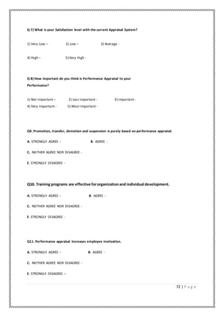 72 | P a g e
Q 7) What is your Satisfaction level with the current Appraisal System?
1) Very Low – 2) Low – 3) Average -
4) High – 5) Very High -
Q 8) How important do you think is Performance Appraisal to your
Performance?
1) Not Important – 2) Less Important - 3) Important -
4) Very Important - 5) Most Important -
Q9. Promotion, transfer, demotion and suspension is purely based on performance appraisal.
A. STRONGLY AGREE - B. AGREE -
C. NEITHER AGREE NOR DISAGREE -
E. STRONGLY DISAGREE -
Q10. Training programs are effective fororganizationand individual development.
A. STRONGLY AGREE - B. AGREE -
C. NEITHER AGREE NOR DISAGREE -
E. STRONGLY DISAGREE -
Q11. Performance appraisal increases employee motivation.
A. STRONGLY AGREE - B. AGREE -
C. NEITHER AGREE NOR DISAGREE -
E. STRONGLY DISAGREE –
 