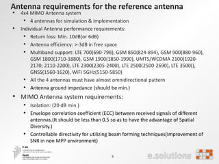 Antenna requirements for the reference antenna
• 4x4 MIMO Antenna system
• 4 antennas for simulation & implementation
• Individual Antenna performance requirements:
• Return loss: Min. 10dB(or 6dB)
• Antenna efficiency: >-3dB in free space
• Multiband support: LTE 700(690-798), GSM 850(824-894), GSM 900(880-960),
GSM 1800(1710-1880), GSM 1900(1850-1990), UMTS/WCDMA 2100(1920-
2170; 2110-2200), LTE 2300(2305-2400), LTE 2500(2500-2690), LTE 3500(),
GNSS(1560-1620), WiFi 5GHz(5150-5850)
• All the 4 antennas must have almost omnidirectional pattern
• Antenna ground impedance (should be min.)
• MIMO Antenna system requirements:
• Isolation: (20 dB min.)
• Envelope correlation coefficient (ECC) between received signals of different
antennas.(It should be less than 0.5 so as to have the advantage of Spatial
Diversity.)
• Controllable directivity for utilizing beam forming techniques(Improvement of
SNR in non MPP environment)
9
 