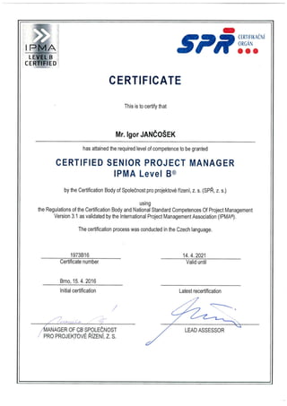 Igor Jancosek IPMA Certificate