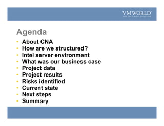 Agenda
• About CNA
• How are we structured?
• Intel server environment
• What was our business case
• Project data
• Project results
• Risks identified
• Current state
• Next steps
• Summary
 