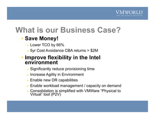 What is our Business Case?
• Save Money!
 Lower TCO by 66%
 5yr Cost Avoidance CBA returns > $2M
• Improve flexibility in the Intel
environment
 Significantly reduce provisioning time
 Increase Agility in Environment
 Enable new DR capabilities
 Enable workload management / capacity on demand
 Consolidation is simplified with VMWare “Physical to
Virtual” tool (P2V)
 