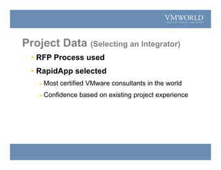 Project Data (Selecting an Integrator)
• RFP Process used
• RapidApp selected
Most certified VMware consultants in the world
Confidence based on existing project experience
 