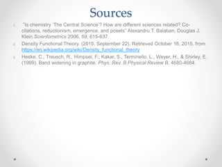 Sources
1. ”Is chemistry ‘The Central Science’? How are different sciences related? Co-
citations, reductionism, emergence, and posets” Alexandru T. Balaban, Douglas J.
Klein Scientometrics 2006, 69, 615-637.
2. Density Functional Theory. (2015, September 22). Retrieved October 18, 2015, from
https://en.wikipedia.org/wiki/Density_functional_theory
3. Heske, C., Treusch, R., Himpsel, F., Kakar, S., Terminello, L., Weyer, H., & Shirley, E.
(1999). Band widening in graphite. Phys. Rev. B Physical Review B, 4680-4684.
 