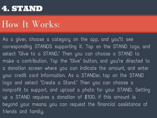 4. STAND
As a giver, choose a category on the app, and you’ll see
corresponding STANDS supporting it. Tap on the STAND logo, and
select "Give to a STAND." Then you can choose a STAND to
make a contribution. Tap the "Give" button, and you’re directed to
a donation screen where you can indicate the amount, and enter
your credit card information. As a STANDer, tap on the STAND
logo and select "Create a Stand." Then you can choose a
nonprofit to support, and upload a photo for your STAND. Setting
up a STAND requires a donation of $100. If this amount is
beyond your means, you can request the financial assistance of
friends and family.
How It Works:
 