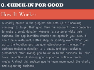 3. CHECK-IN FOR GOOD
A charity enrolls in the program and sets up a fundraising
campaign to target their goal. Then the nonprofit asks companies
to make a small donation whenever a customer visits their
business. The app identifies donation hot-spots in your area. It
could be a restaurant, coffee shop, or sporting event. When you
go to the location, you log your attendance on the app. The
business makes a donation to a cause, and you receive a
promotional offer, inviting you to return to the business. You also
have the option of sharing your supportive action on social
media. A direct link enables you to learn more about the charity
and supporting business.
How It Works:
 