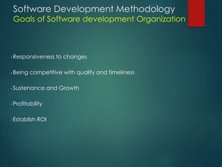 Software Development Methodology
Goals of Software development Organization
Responsiveness to changes
Being competitive with quality and timeliness
Sustenance and Growth
Profitability
Establish ROI
 