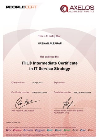 NABHAN ALZARAFI
ITIL® Intermediate Certificate
in IT Service Strategy
24 Apr 2014
GR751048220NA 9980061609240344
Printed on 13 October 2015
 
