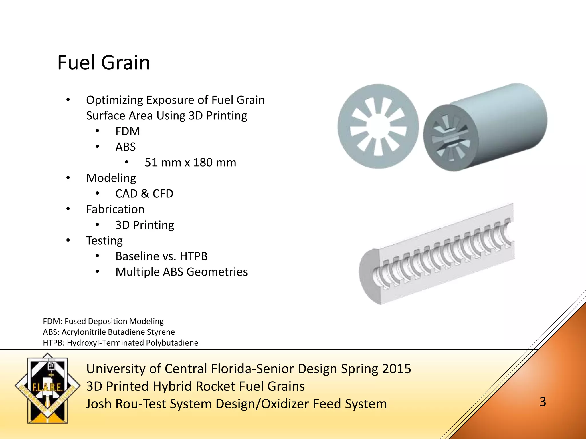 University of Central Florida-Senior Design Spring 2015
3D Printed Hybrid Rocket Fuel Grains
Josh Rou-Test System Design/Oxidizer Feed System 3
Fuel Grain
• Optimizing Exposure of Fuel Grain
Surface Area Using 3D Printing
• FDM
• ABS
• 51 mm x 180 mm
• Modeling
• CAD & CFD
• Fabrication
• 3D Printing
• Testing
• Baseline vs. HTPB
• Multiple ABS Geometries
FDM: Fused Deposition Modeling
ABS: Acrylonitrile Butadiene Styrene
HTPB: Hydroxyl-Terminated Polybutadiene
 