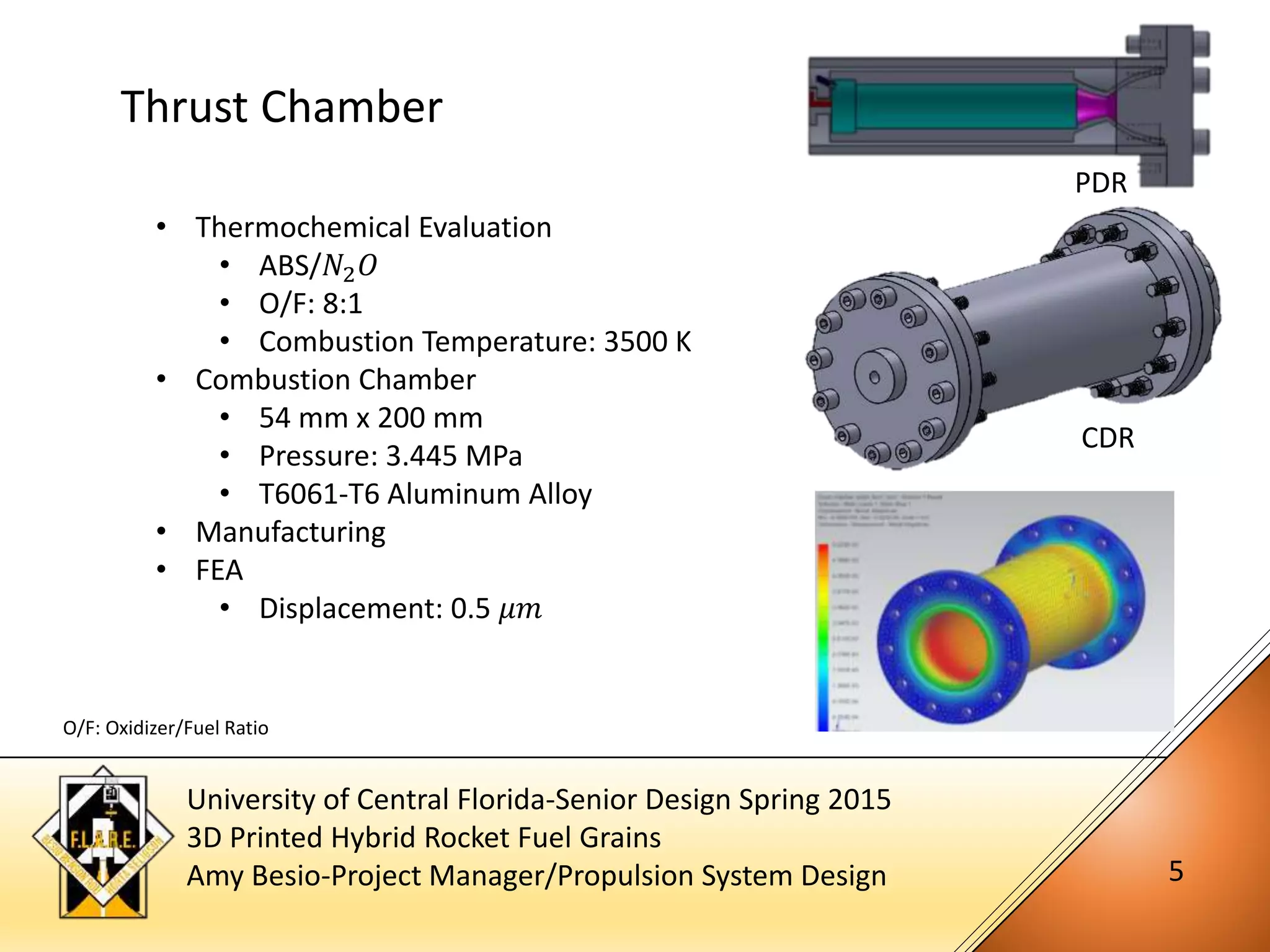 University of Central Florida-Senior Design Spring 2015
3D Printed Hybrid Rocket Fuel Grains
Amy Besio-Project Manager/Propulsion System Design 5
Thrust Chamber
• Thermochemical Evaluation
• ABS/𝑁2 𝑂
• O/F: 8:1
• Combustion Temperature: 3500 K
• Combustion Chamber
• 54 mm x 200 mm
• Pressure: 3.445 MPa
• T6061-T6 Aluminum Alloy
• Manufacturing
• FEA
• Displacement: 0.5 𝜇𝑚
PDR
CDR
O/F: Oxidizer/Fuel Ratio
 