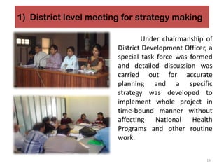 1) District level meeting for strategy making
Under chairmanship of
District Development Officer, a
special task force was formed
and detailed discussion was
carried out for accurate
planning and a specific
strategy was developed to
implement whole project in
time-bound manner without
affecting National Health
Programs and other routine
work.
19
 