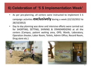 6) Celebration of ‘5 S Implementation Week’
• As per pre-planning, all centers were instructed to implement 5 S
campaign activities exclusivelyduring a week (22/10/2012 to
28/10/2012)
• Day to day planning was done and intensive efforts were carried out
for SHORTING, SETTING, SHINING & STANDARDIZING at all the
centers (Campus, patient waiting area, OPD, Wards, Laboratory,
Operation theater, Labor Room, Toilets, Admin Office, Record Room,
Drug store etc.)
36
 