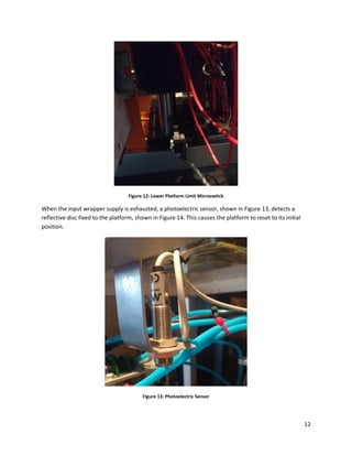 12
Figure 12: Lower Platform Limit Microswitch
When the input wrapper supply is exhausted, a photoelectric sensor, shown in Figure 13, detects a
reflective disc fixed to the platform, shown in Figure 14. This causes the platform to reset to its initial
position.
Figure 13: Photoelectric Sensor
 