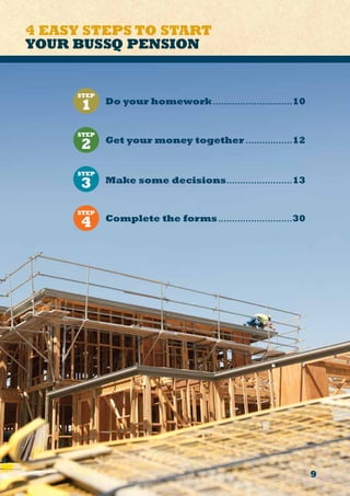9
4 EASY STEPS TO START
YOUR BUSSQ PENSION
STEP
1
STEP
2
STEP
3
STEP
4
Get your money together..................12
Do your homework..............................10
Make some decisions.........................13
Complete the forms............................30
 