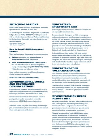20 PENSION CHOICE PRODUCT DISCLOSURE STATEMENT
SWITCHING OPTIONS
BUSSQ gives you the flexibility to switch your investment
option or mix of options at no extra cost.
All switch requests received in the period 6.01 pm Friday
to 6 pm the next Friday (EST/EDT*), will be processed
with an effective date as at the next Wednesday following
the declaration of the weekly unit price. Unit prices are
declared weekly.
*	EST = Eastern Standard Time
EDT = Eastern Daylight Time
How do I notify BUSSQ about my
switch?
There are two ways to change your investment selection.
	 Online – simply log into MemberAccess at
bussq.com.au and follow the prompts.
	 Use a Member Investment Choice Form –
You can obtain this form by downloading it from
bussq.com.au or by calling 1800 PENSION (1800 736
746) and request one to be sent to you.
Once you have completed your Member Investment
Choice form you can mail it to:
BUSSQ GPO Box 2775, Brisbane QLD 4001
ENVIRONMENTAL,SOCIAL
AND GOVERNANCE
CONSIDERATIONS
Currently BUSSQ does not take environmental, social or
governance considerations into account when selecting,
retaining or redeeming the investments of BUSSQ.
Investments and investment managers are selected
purely on their ability to contribute toward the
achievement of BUSSQ’s investment objectives.
The BUSSQ Board has put in place a long term strategic
plan to towards taking these considerations into account
when making investment decisions
UNDERSTAND
INVESTMENT RISK
Because your money is invested in financial markets, you
are exposed to investment risk.
Investment risk is the degree to which returns go up
and down in value over time.You cannot consider return
without risk and generally, the higher the potential return,
the higher the risk. In order to achieve higher returns
you must be willing to take on more risk.While shares,
property and fixed interest securities might offer higher
long term returns than cash, they also expose you to
higher levels of risk, particularly in the short term.
In financial terms, there is also a risk of not having
enough assets or money to provide you with the lifestyle
you desire in retirement.Therefore, if you try to avoid risk
altogether you may in fact not save enough to provide you
with this lifestyle for the whole of your retirement. In fact,
it may not even keep pace with inflation.
UNDERSTANDYOUR
TOLERANCE TO RISK
Your tolerance to risk is an important factor to consider
before making your investment choice. Everyone
has a different tolerance to risk and you need to be
comfortable with the level of risk that is associated with
the investment option or mix of options you choose.
The chart on the following page shows the broad long-
term relationship between risk and return and where
each of BUSSQ’s 11 investment options appear on the
risk/return scale.
DIVERSIFICATION HELPS
REDUCE RISK
Because you cannot tell how each asset class will perform
over a future period, diversifying or spreading your
investments across a range of asset classes has the
potential, over time, to smooth out any ups and downs
associated with the returns on your investment.
The risk/return profile of each of BUSSQ’s pre-mixed
options is determined by how much is allocated to
growth assets relative to defensive assets.The greater the
proportion of growth assets, the riskier the investment
becomes, but similarly, the greater the potential return
over the longer term. BUSSQ has taken a slightly more
conservative investment approach to its Pension products
compared to super.
 