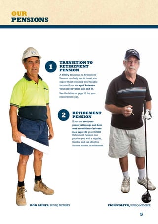 5
OUR
PENSIONS
1
2 RETIREMENT
PENSION
If you are over your
preservation age and have
met a condition of release
(see page 10), your BUSSQ
Retirement Pension can
provide you with a regular,
flexible and tax effective
income stream in retirement.
TRANSITION TO
RETIREMENT
PENSION
A BUSSQ Transition to Retirement
Pension can help you to boost your
super whilst reducing your taxable
income if you are aged between
your preservation age and 65.
See the table on page 10 for your
preservation age.
EION WOLTER,BUSSQ MEMBERBOB CAINES,BUSSQ MEMBER
 